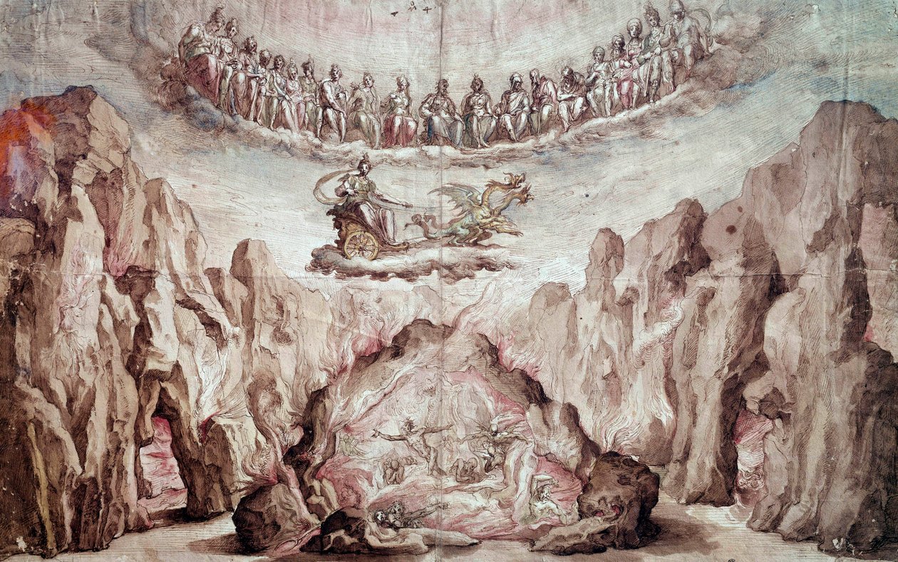 Prosjekt for innredning og maskineri til et mellomprodukt, Le Tromphe de Circe. Tegning av Bernardo Buontalenti dit delle Girandole (ca. 1523-1608) Søn 0,46x0,72 m. Paris, Louvre-museet av Bernardo Buontalenti