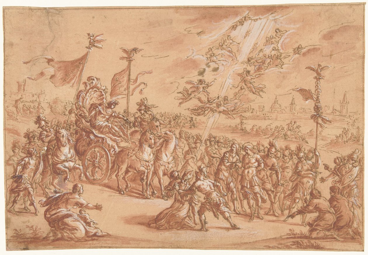 En hellig biskop kneler ved siden av prosesjonen til en romersk imperator av Bernardo Castello (attributed to)