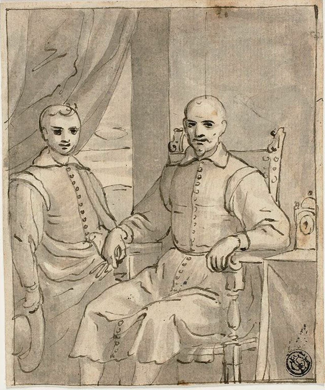 Portrett av en sittende prest og en stående gutt av Bernardo Castello