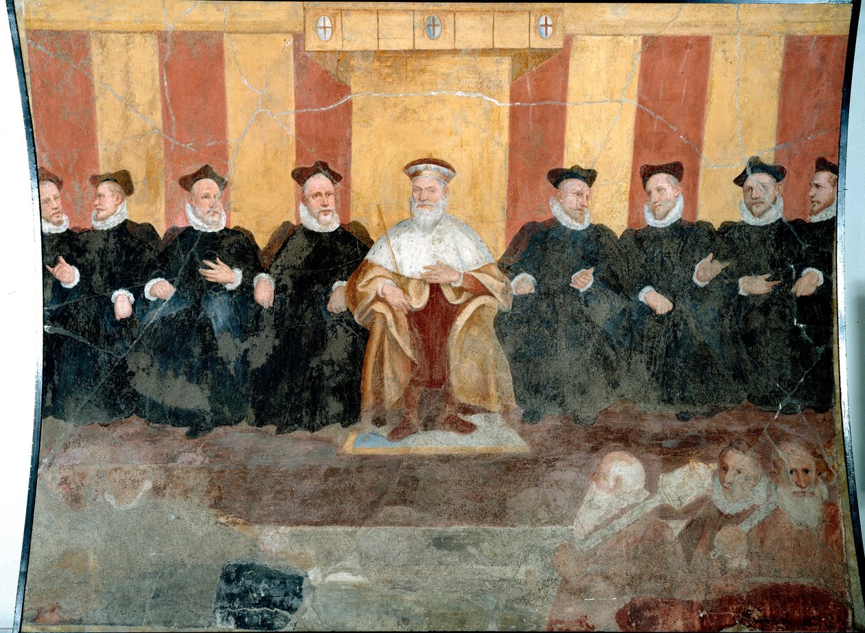 The Doge of Genes Giacomo Durazzo Grimaldi (ca. 1503-1579) omgir med Senators Fresco av Bernardo Castello (1557-1629) 1500-tallets gener, Museo di Sant 