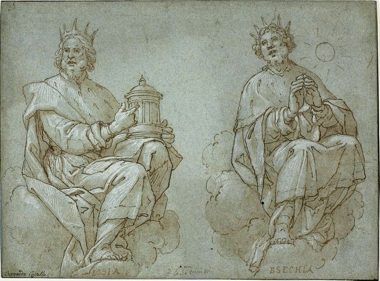 To sittende konger av Juda; Josia og Hiskia av Bernardo Castello