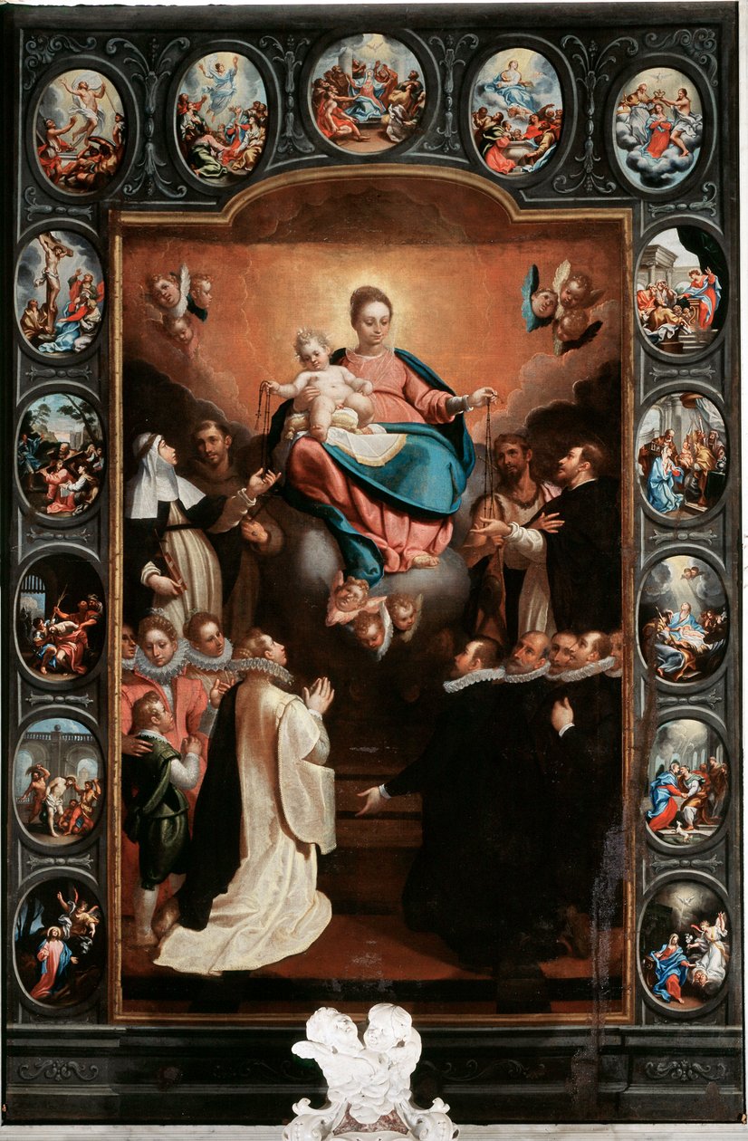Jomfru med barn og rosenkransens mysterier - Maleri av Bernardo Castello (1557-1629) (i midten) og Paolo Gerolamo Piola (1666-1724) Santa Margherita Ligure, Santa Margherita-kirken, Italia av Bernardo Castello