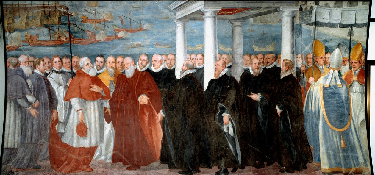 Doge of Genes Giacomo Durazzo Grimaldi (ca. 1503-1579) ønsker kardinal Giovanni Morone velkommen ved havnen i Genes Fresco av Bernardo Castello (1557-1629) Genes fra 1500-tallet, Museo di Sant 