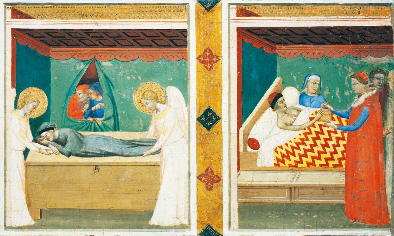 Predella of the Sacra Cintola (Sacred Belt), av Bernardo Daddi (1290-1348), Detalj med to fliser av Bernardo Daddi