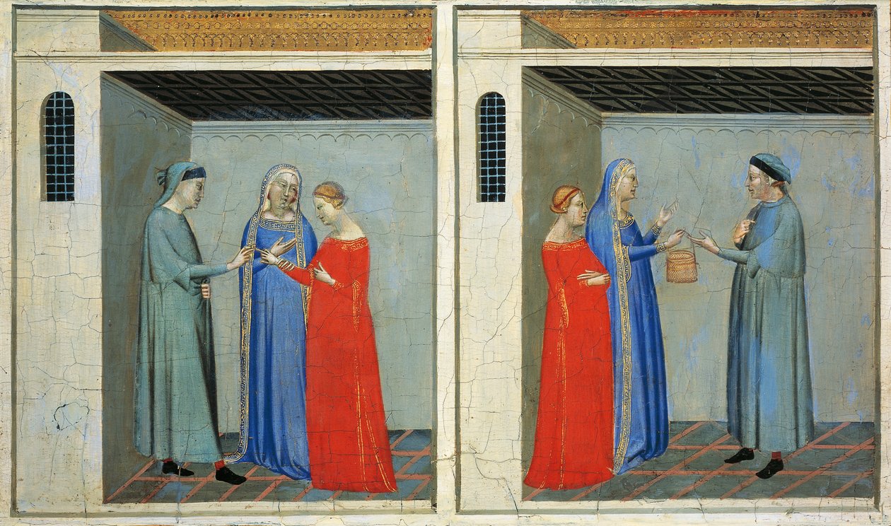 Predella med historier om Sacra Cintola: ekteskap med Michael som mottar medgift fra Sacra Cintola, av Bernardo Daddi (1290-1348) av Bernardo Daddi