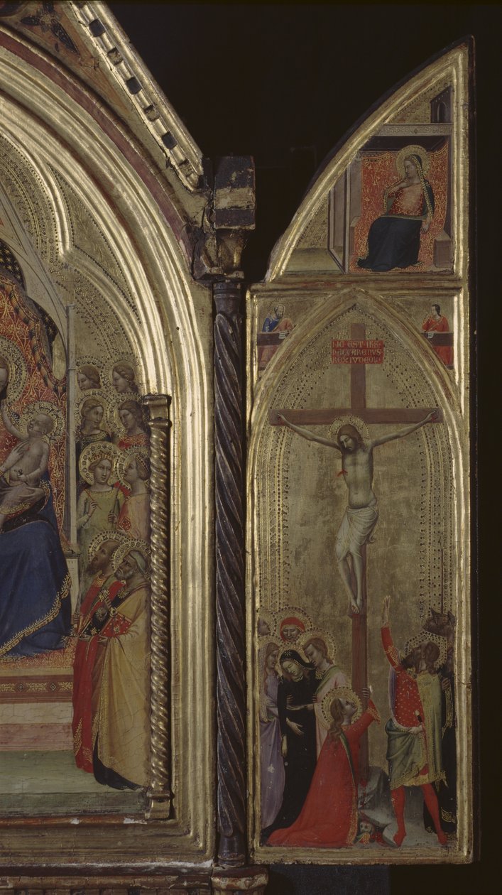 Triptych (høyre panel) The Crucifixion of Christ and Annunciation (øverst) 1338 (tempera og bladgull på panel) (se også 225310, 225332) av Bernardo Daddi