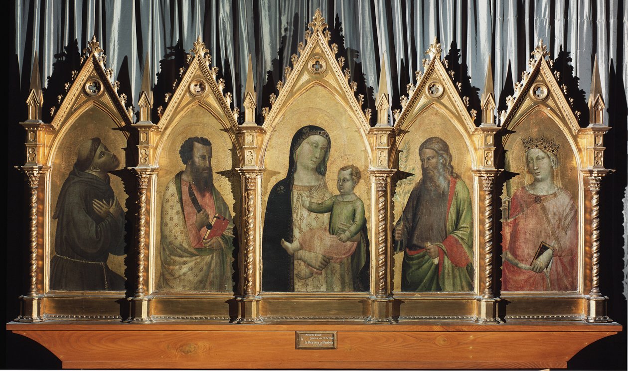 Jomfru og barn med de hellige Frans, Bartolomeus, Johannes og Katarina av Alexandria - tempera på panel av Bernardo Daddi