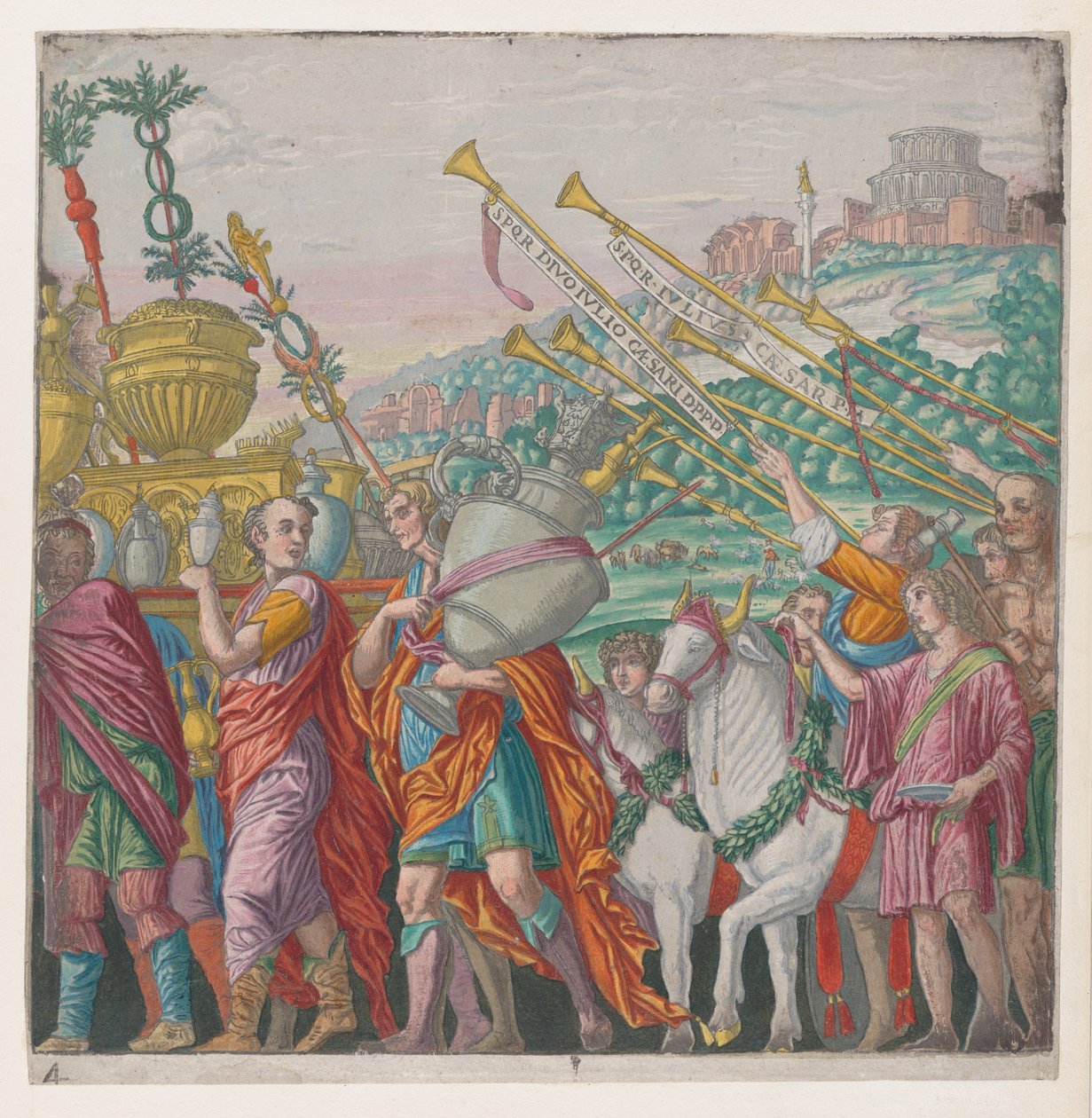 Ark 4: Menn som bærer trofeer til venstre, trompetister til høyre, fra The Triumph of Julius Ca..., 1599. av Bernardo Malpizzi