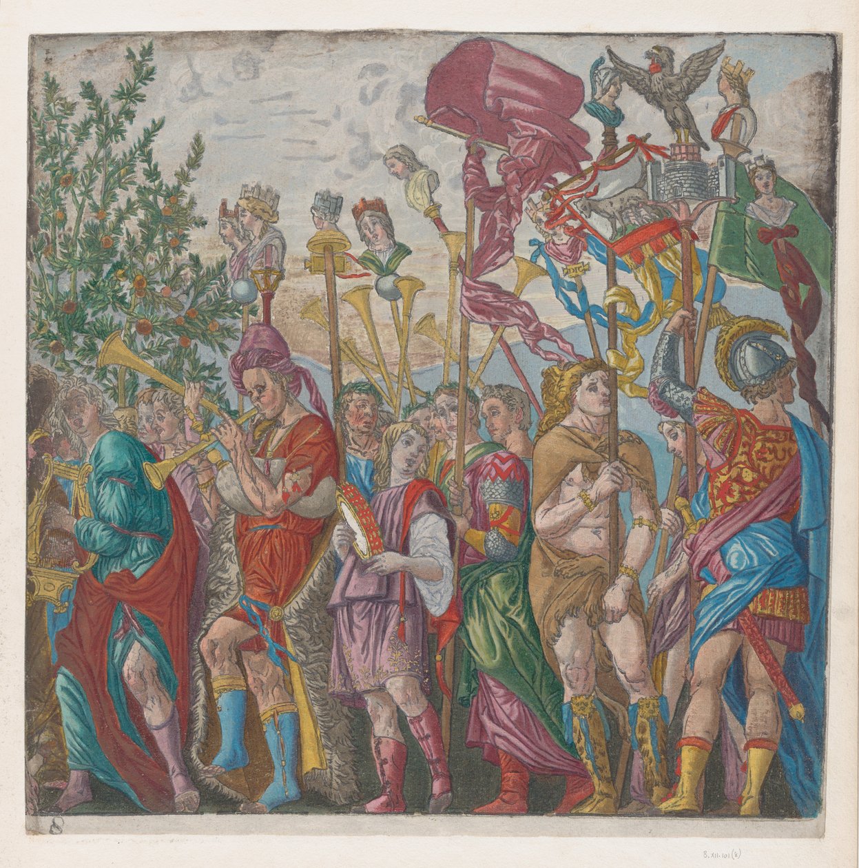 Ark 7: prosesjon av musikere og andre som holder standarder, fra The Triumph of Julius ..., 1599. av Bernardo Malpizzi