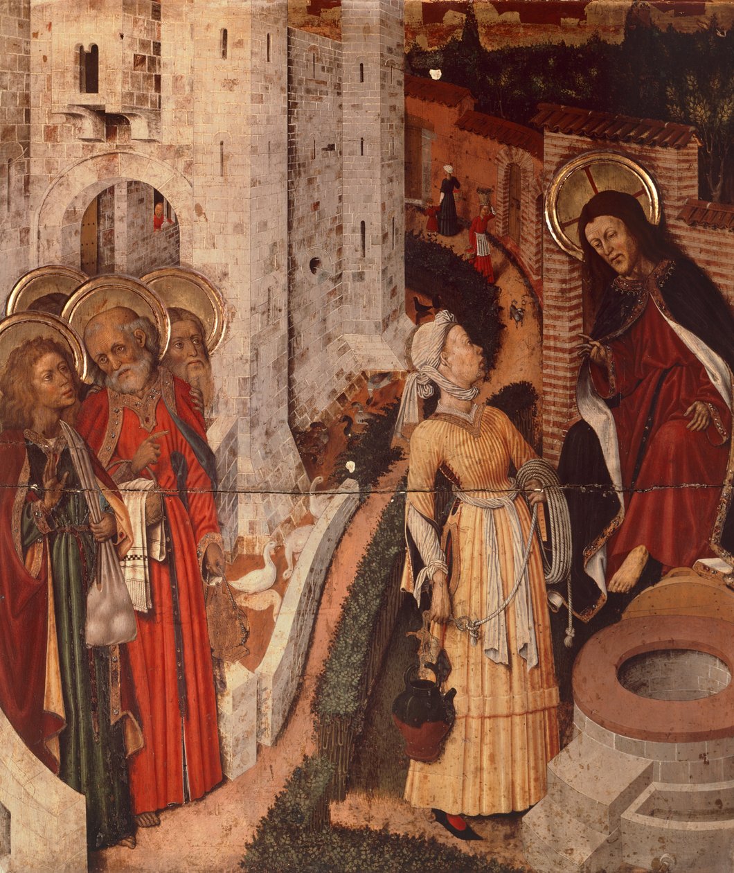 Jesus og samaritansk kvinne, detalj fra Transfiguration Altertavle, ca 1445 (maleri på tre) av Bernardo Martorell