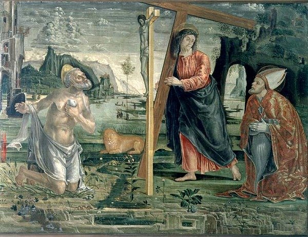 Kristus bærer korset med St. Augustine og St. Hieronymus av Bernardo Parentino