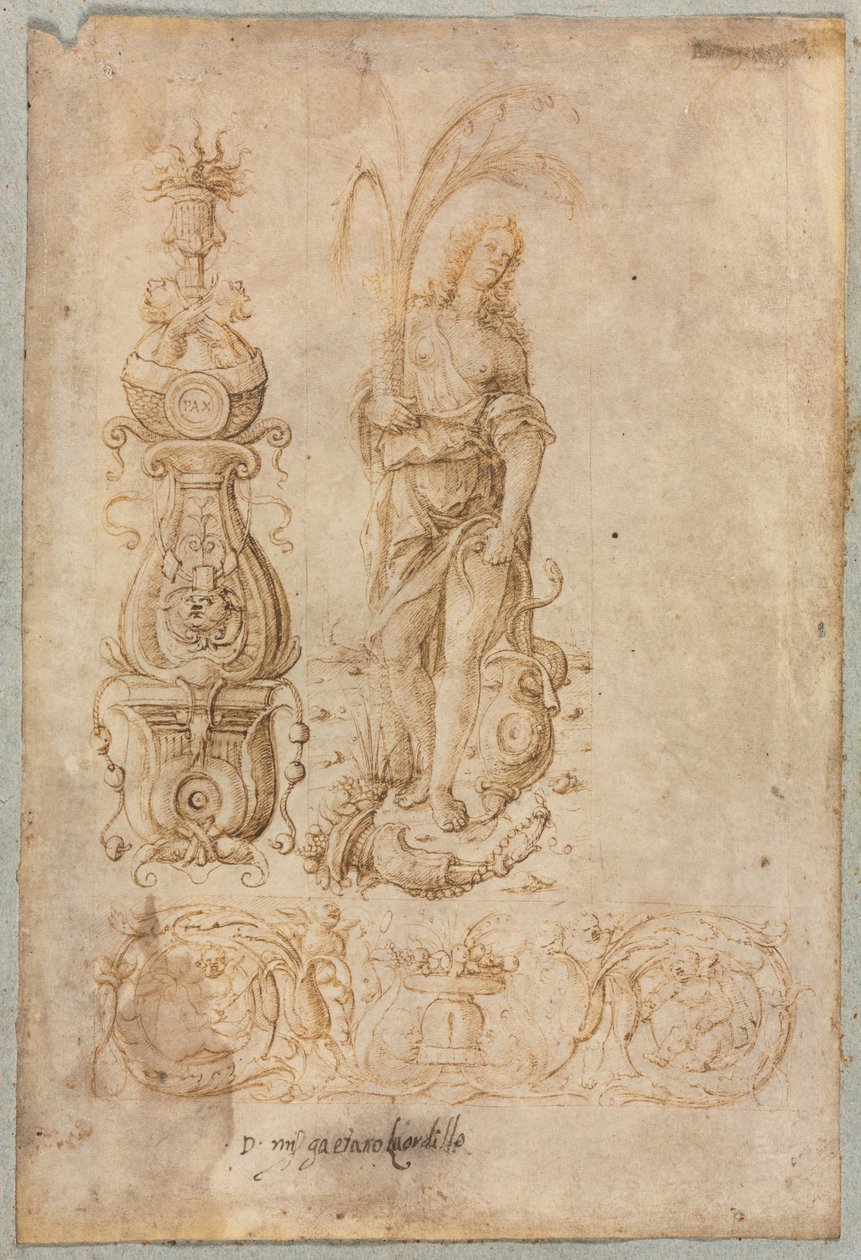 Design for en candelabrum, allegorisk figur av overflod, dekorativt relieffdesign, ca. 1490-tallet. av Bernardo Parentino