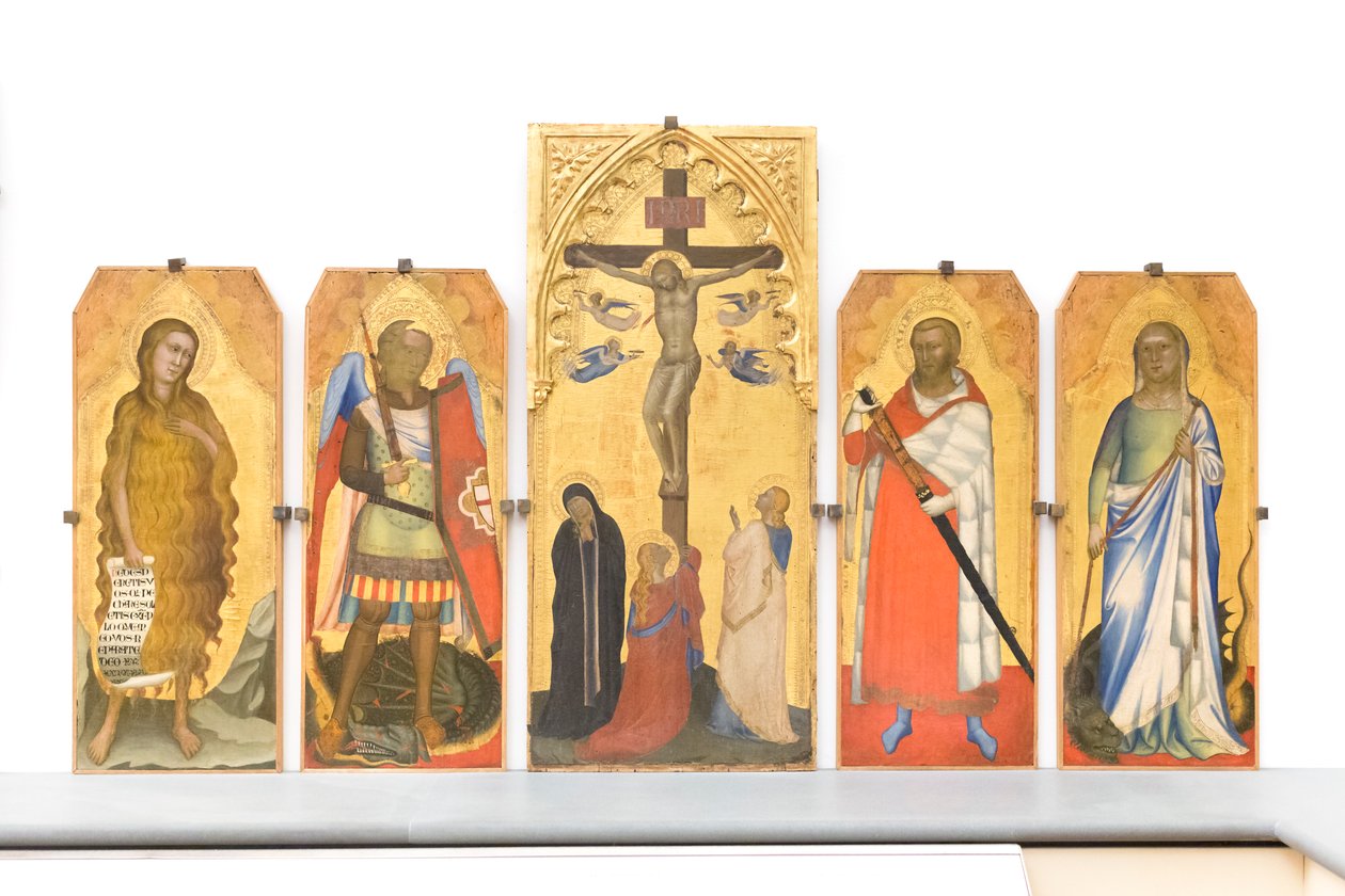 Korsfestelse med sørgende og Maria Magdalena ved foten av korset av Bernardo & Simone Puccio di (fl.1345 65) Daddi
