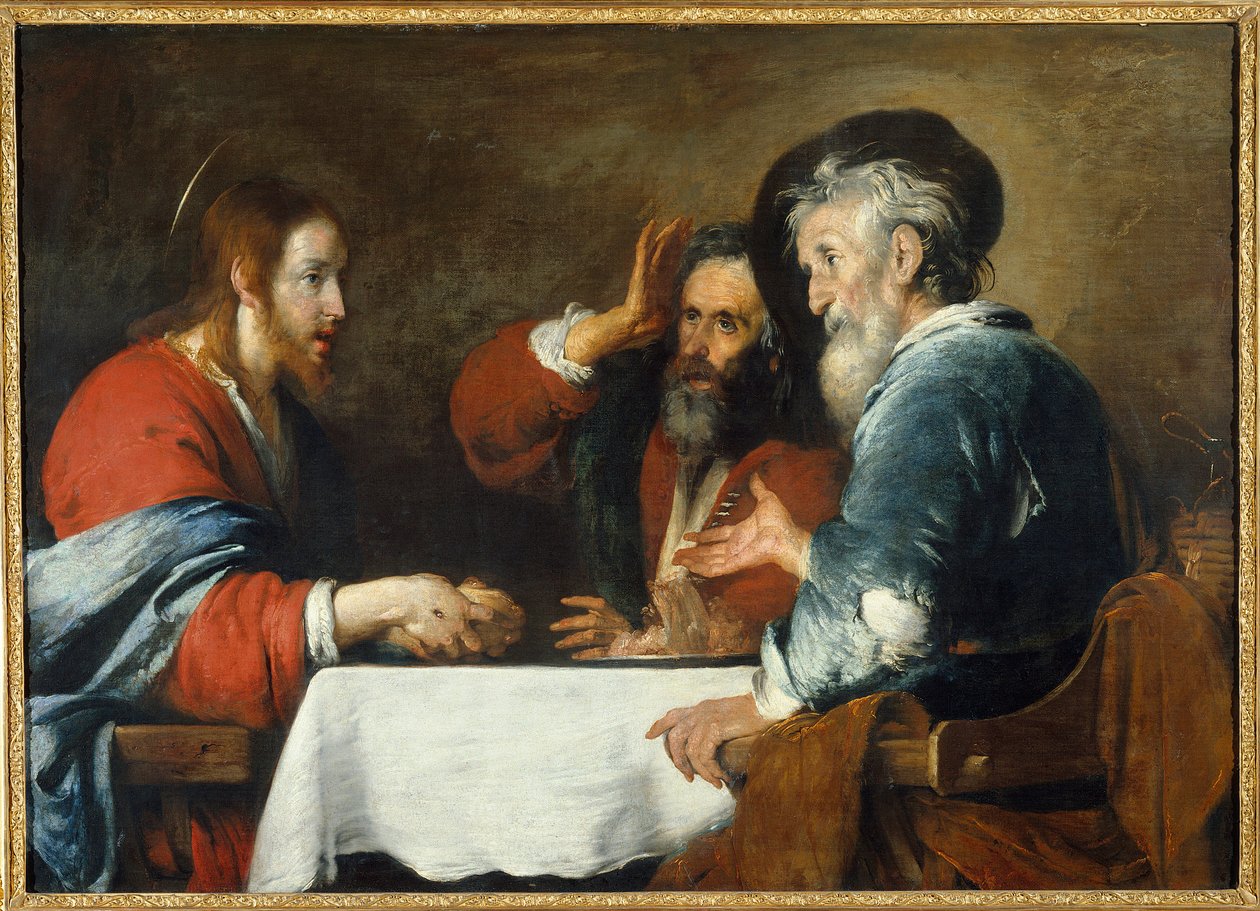 Kristus har Emmaus Kristus viser seg for pilegrimene som sitter ved et bord i et vertshus i Emmaus. Maleri av Bernardo Strozzi (1581-1644) 1640 Søn. 1,24x1,72 m Grenoble, Musee des Beaux Arts av Bernardo Strozzi