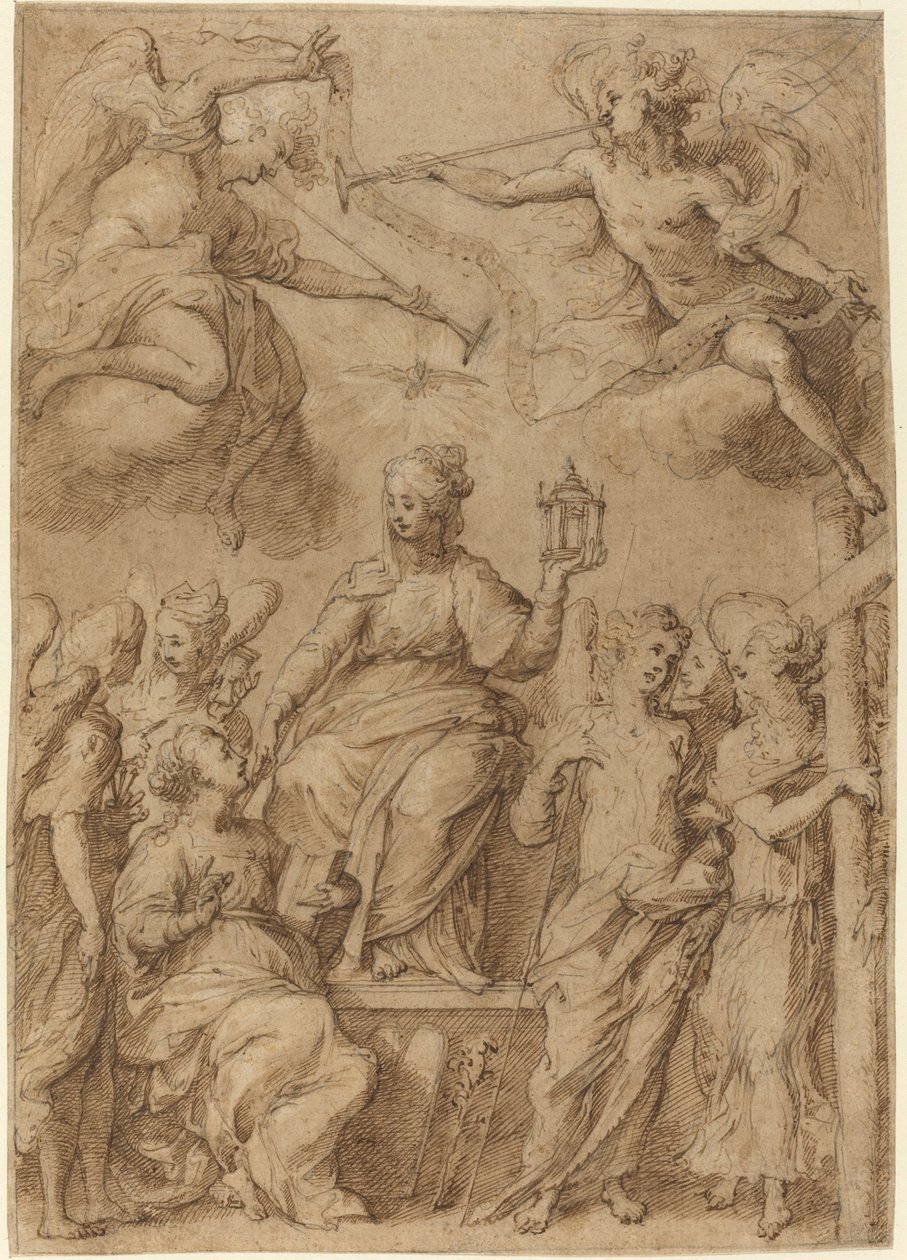 Ecclesia omgitt av engler som holder lidenskapens instrumenter av Bernardo Strozzi