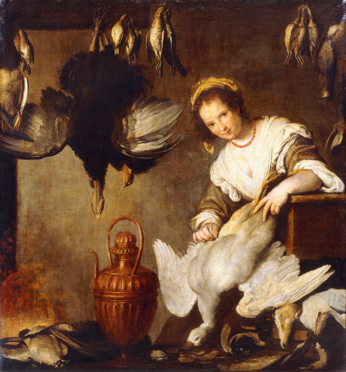 La Cuoca - En kjøkkenhjelp som plukker en gås i et interiør, av Bernardo Strozzi