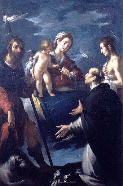 Madonna av rosenkransen med St. Roch, St. Dominic og St. Sebastian av Bernardo Strozzi