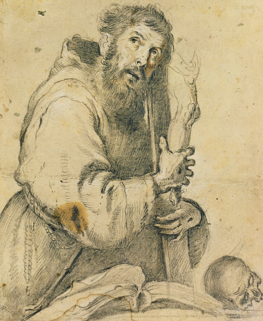 Saint Francis holder et krusifiks i armene; Saint Francis holder et kors i armene, av Bernardo Strozzi