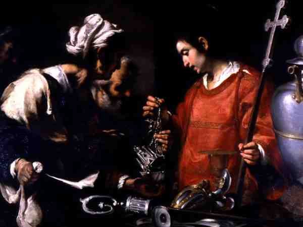 St. Lawrence deler ut sin rikdom til de fattige (olje på lerret) av Bernardo Strozzi