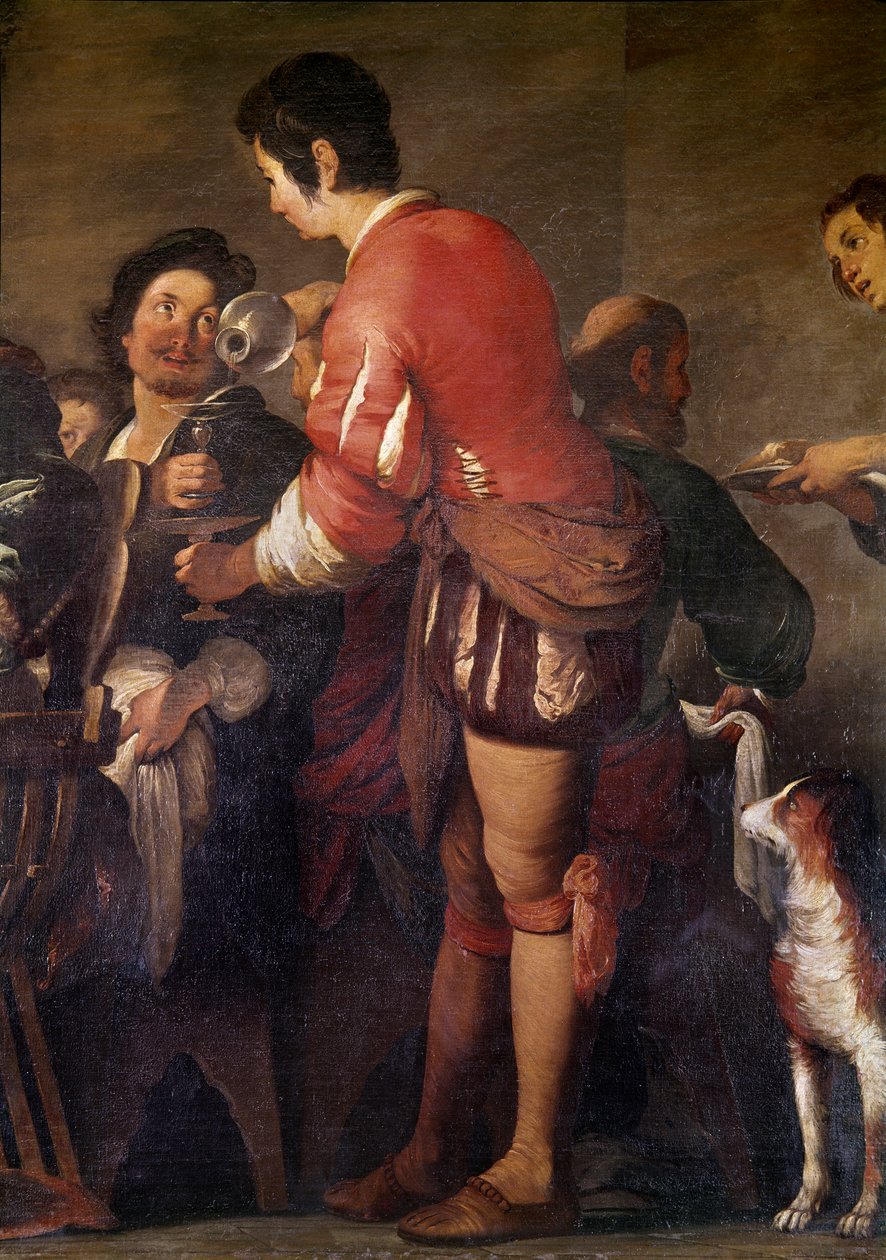 Måltidet i huset til fariseeren Simon. Detalj av en tjener som serverer en drink (olje på lerret av Bernardo Strozzi