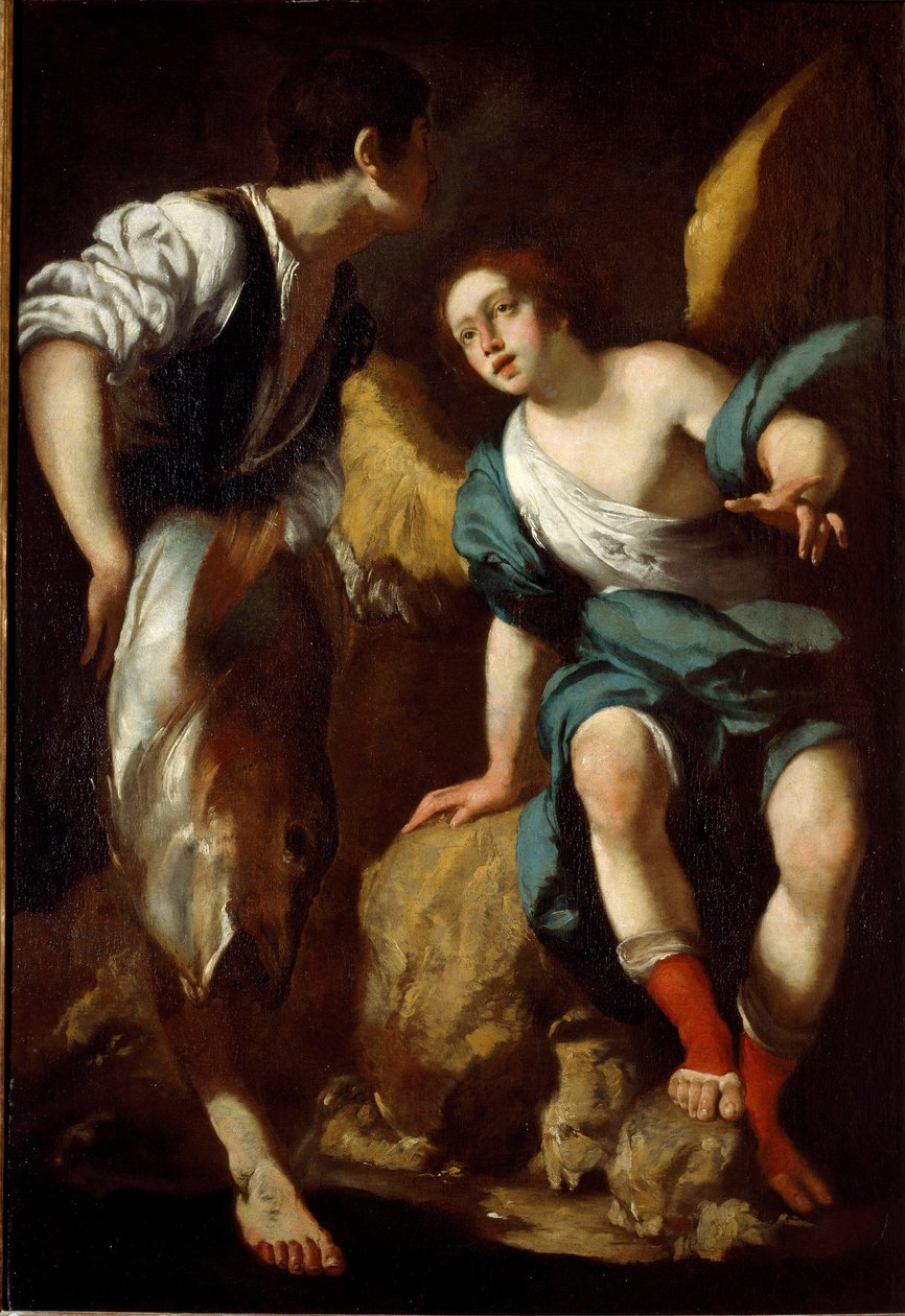 Den unge Tobie og erkeengelen Raphael (Tobie og engelen) Maleri av Bernardo Strozzi (1581-1644) 1600-tallsgener, privat samling av Bernardo Strozzi