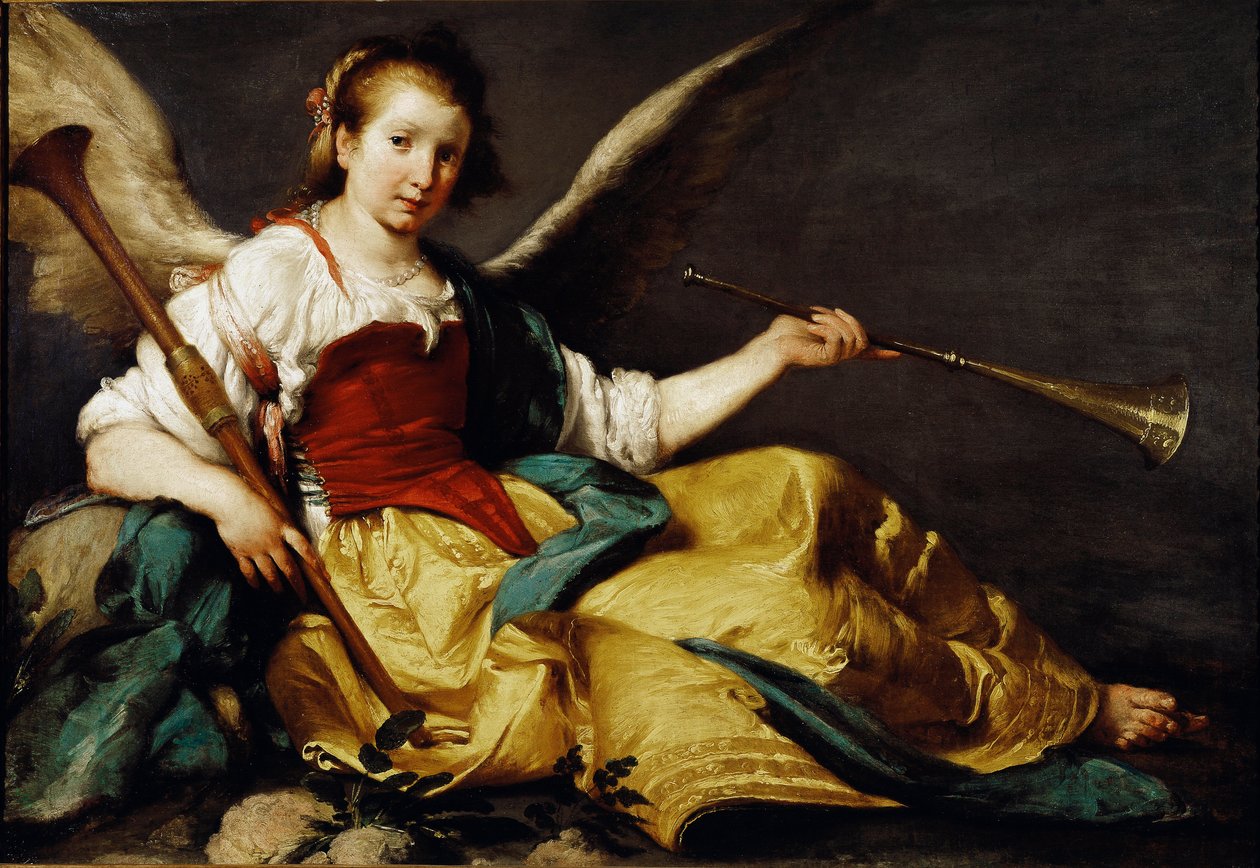 Allegorien om Gi nytt navn Hun holder en trompet (venstre hånd) og en chalemie av tre (høyre hånd). Maleri av Bernardo Strozzi (ca. 1581-1644). 1535-1536 Dim. 106,7 x 151,7 cm National Gallery, London av Bernardo Strozzi