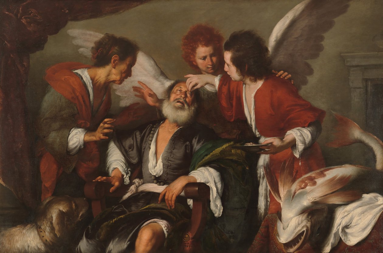 Tobias helbreder sin fars blindhet, 1630-35. av Bernardo Strozzi