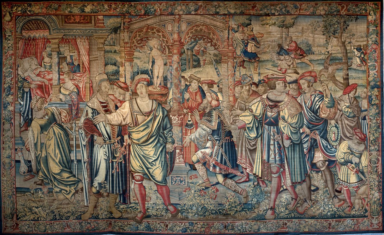 Ødipus syklus: Laios konsulterer oraklet i Delphi - I sentrum, med suiten sin, kneler han ved inngangen til templet - Til venstre, på en himmelseng, er Jocaste omgitt av damene ved hoffet hans som lærer ham forsvinningen av hans nye ne - av Bernart van (attr. to) Orley