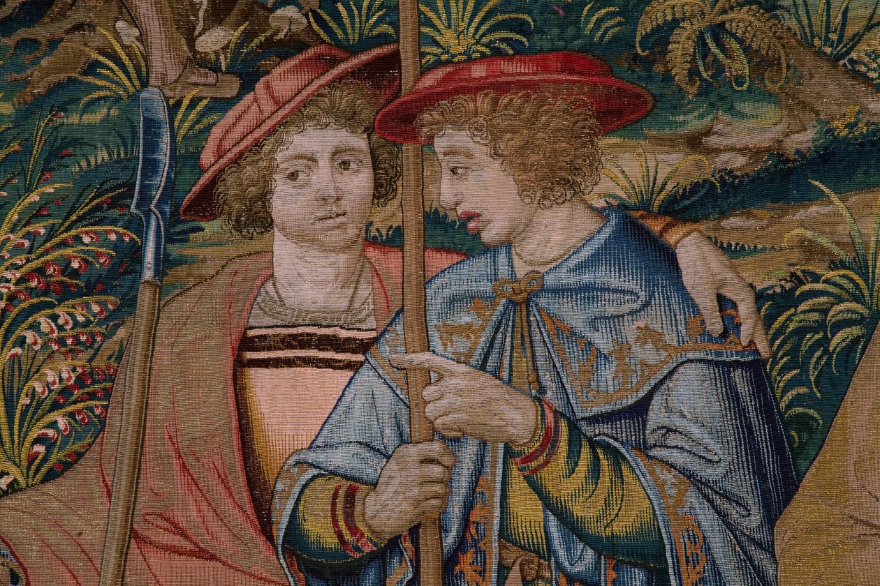flamsk billedvev. Serien The Foundation of Rome: Faustulus møter Romulus og Remus. Tegner Barend van Orley (?). Brussel produksjon. 1525-1530. Detalj. av Bernart van (attr. to) Orley