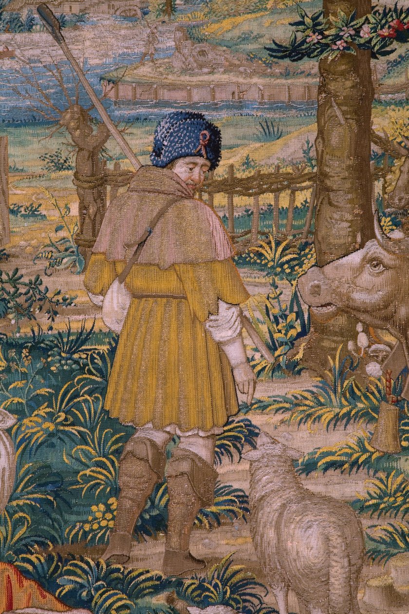 flamsk billedvev. Serien The Foundation of Rome: Faustulus møter Romulus og Remus. Tegner Barend van Orley (?). Brussel produksjon. 1525-1530. Detalj. av Bernart van (attr. to) Orley