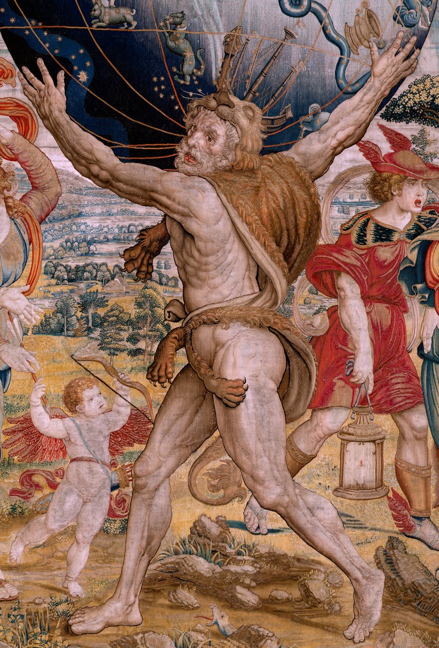 flamsk billedvev. Serien The Spheres. Hercules som støtter himmelsfæren (Hércules sostiene la esfera celeste). Første billedvev i serien. Modell Barend van Orley eller Pieter Coecke van Aelst. 1525-1530. Produsere Joris Vezeleer (Georg Wezeler)?, av Bernart van (attr. to) Orley