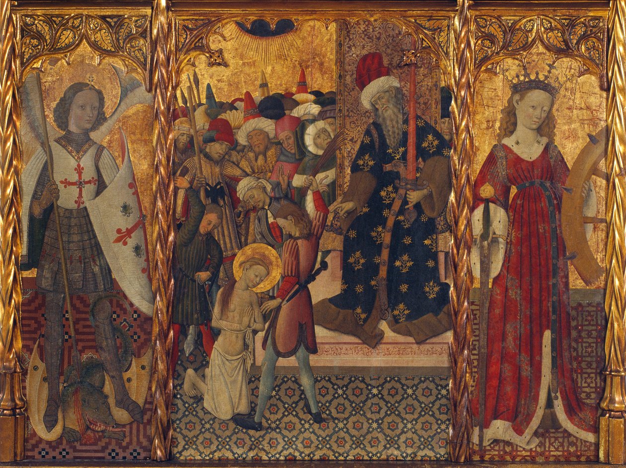 Den hellige Mikael og den hellige Katarina, innrammer martyrdøden til den hellige Eulalia av Barcelona (289-304) - Maleri av Bernat Martorell (1390-1452), tempera på tre (143,5x188 cm), ca. 1442-1445 - Den hellige Michael, den helliges martyrdom Eulalia og av Bernat Martorelli