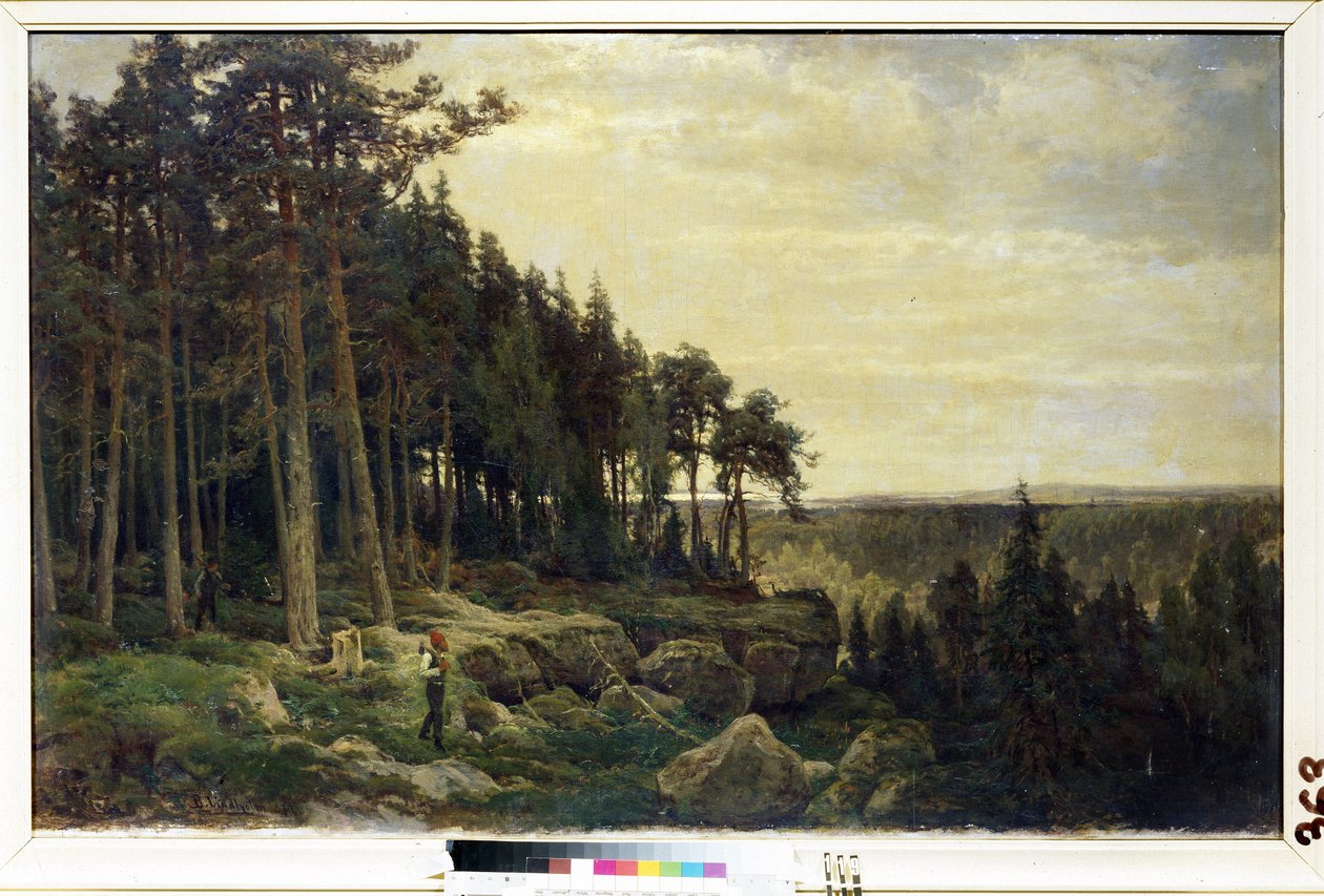 "En tømmerhogger og en jeger i et skogslandskap" Maleri av Berndt Lindholm (1841-1914) Mikhail Kroshitsky kunstmuseum, Sevastopol (Sevastopol) Ukraina av Berndt Lindholm