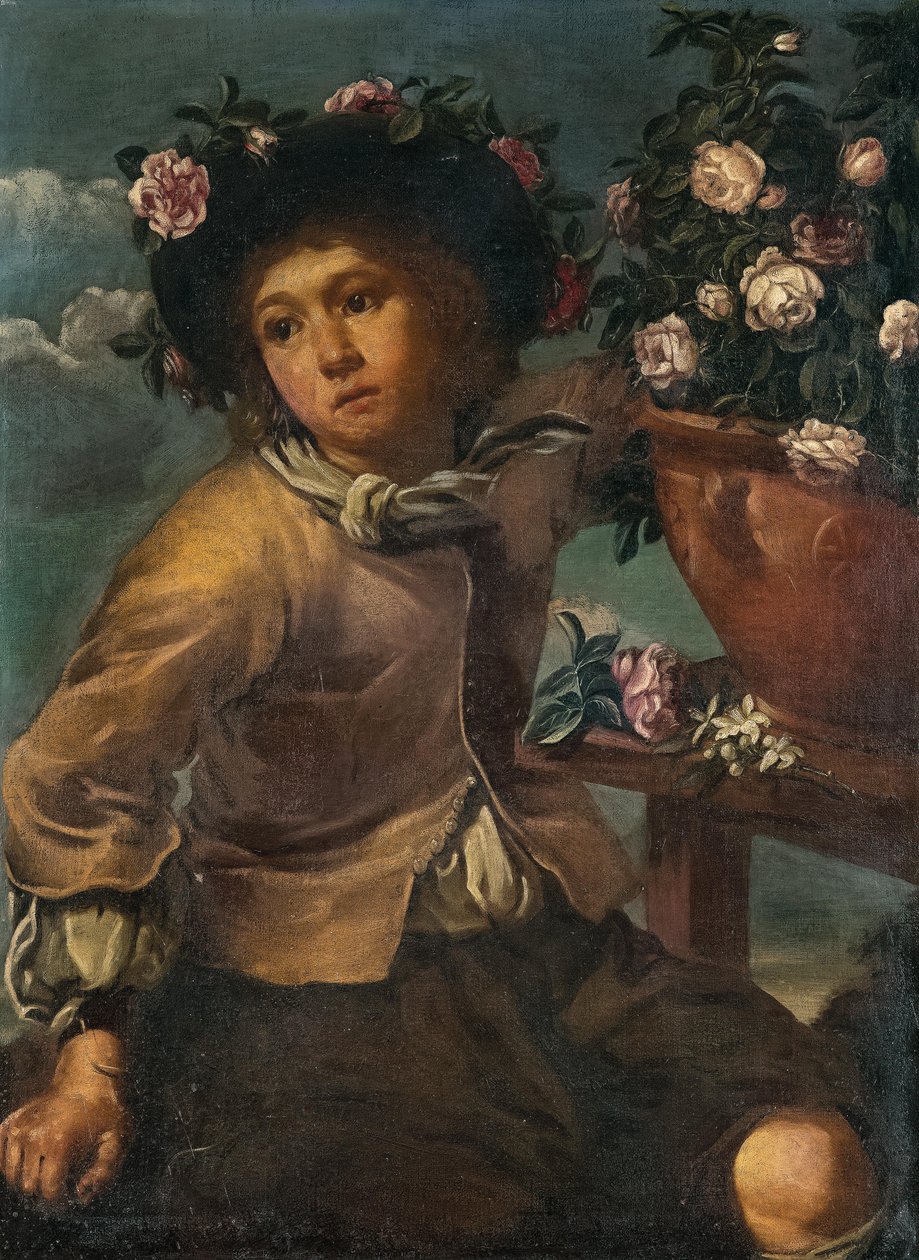 Gutt med roser i en vase av Bernhard Keil