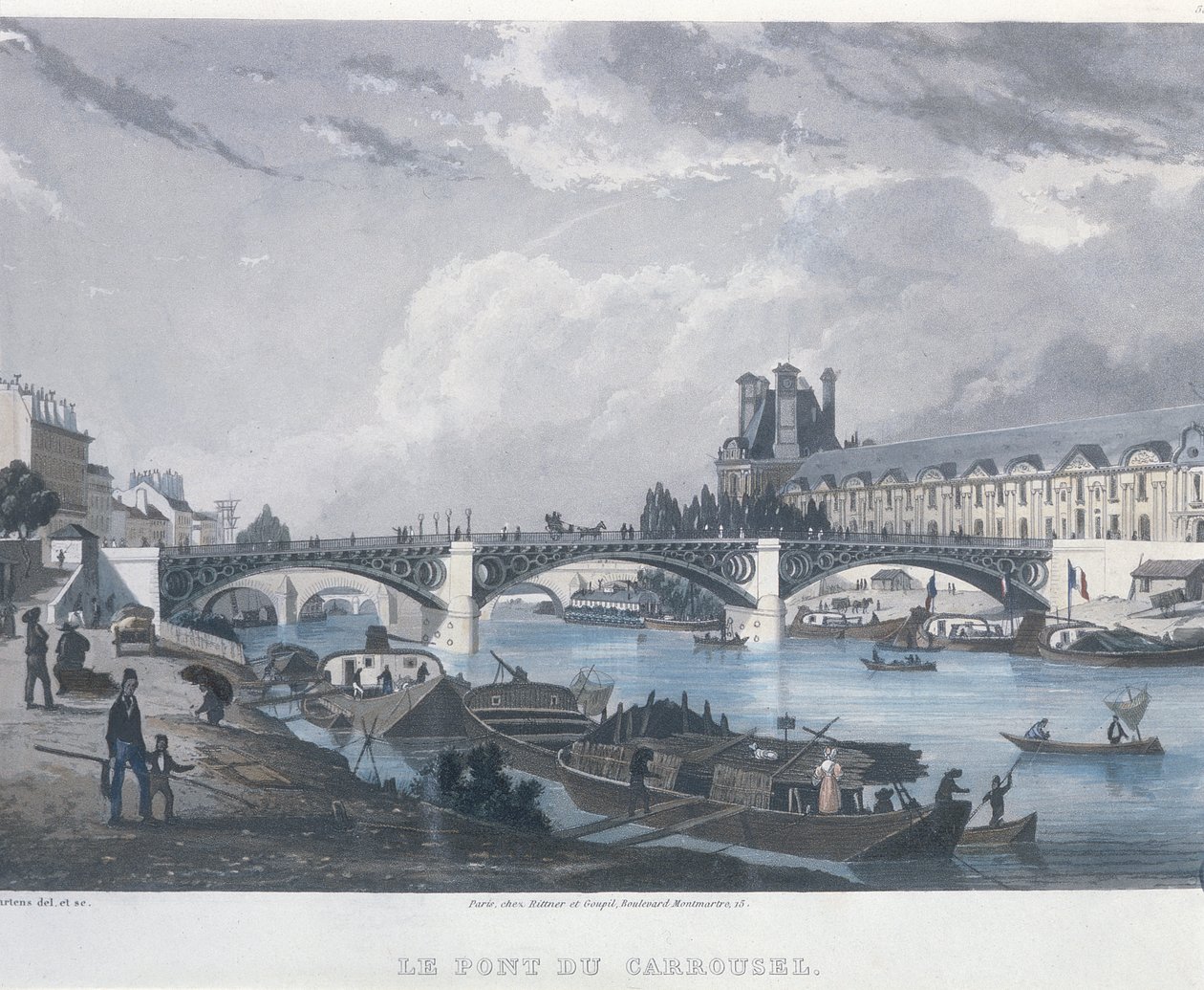 Pont du Carrousel, 1832 (fargegravering) av Bernhard Schmidt