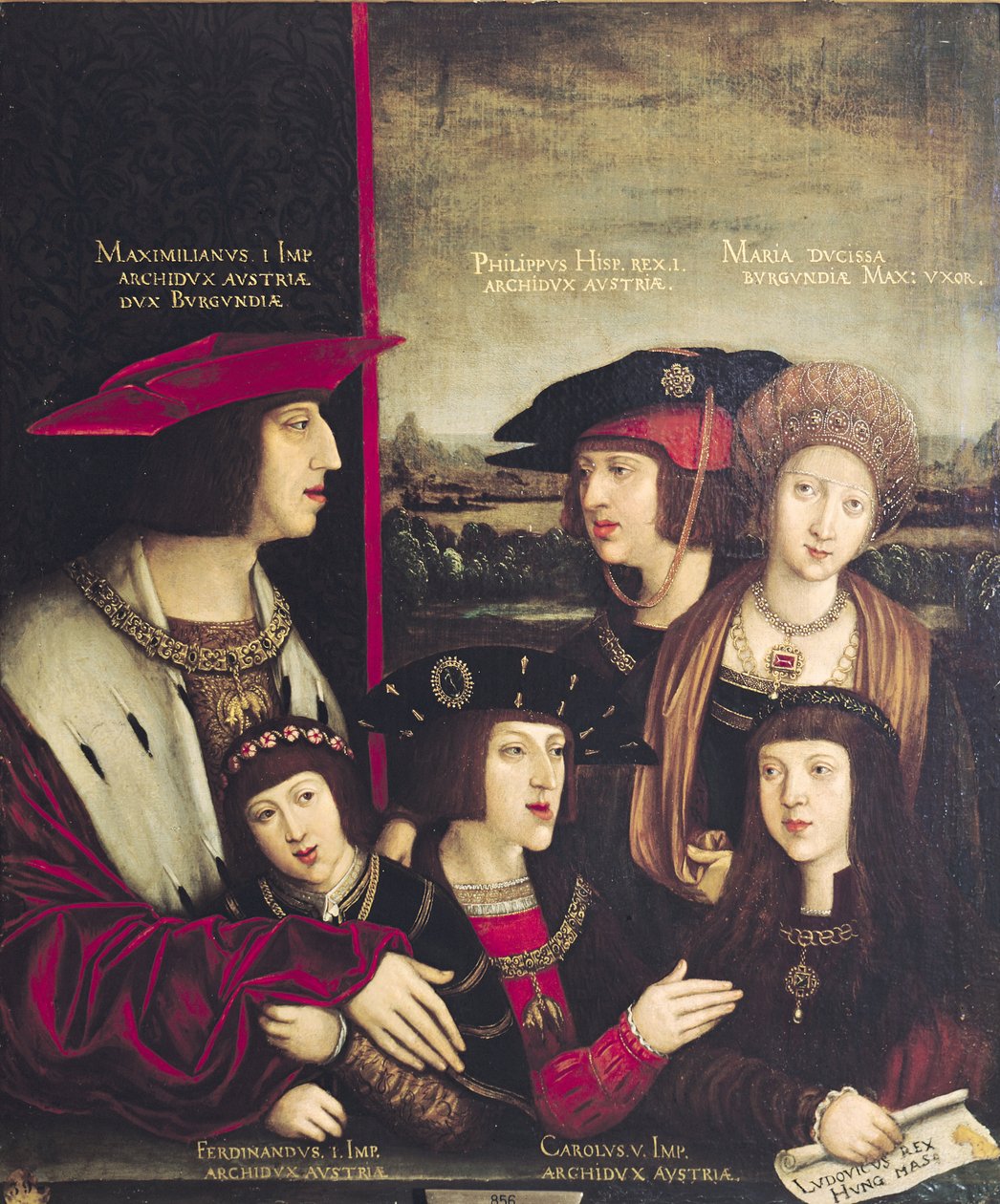 Keiser Maximilian I (1493-1519) med sin kone Maria av Burgund, og sønnene Karl V (1500-58) og Filip I (1478-1506) av Bernhard Strigel