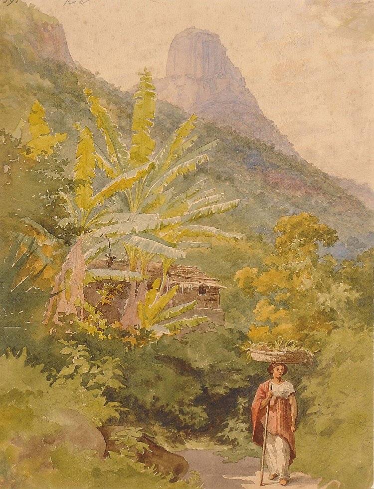 En brasiliansk kvinne som bærer en fruktkurv på hodet, med Sugar Loaf utenfor av Bernhard Wiegandt