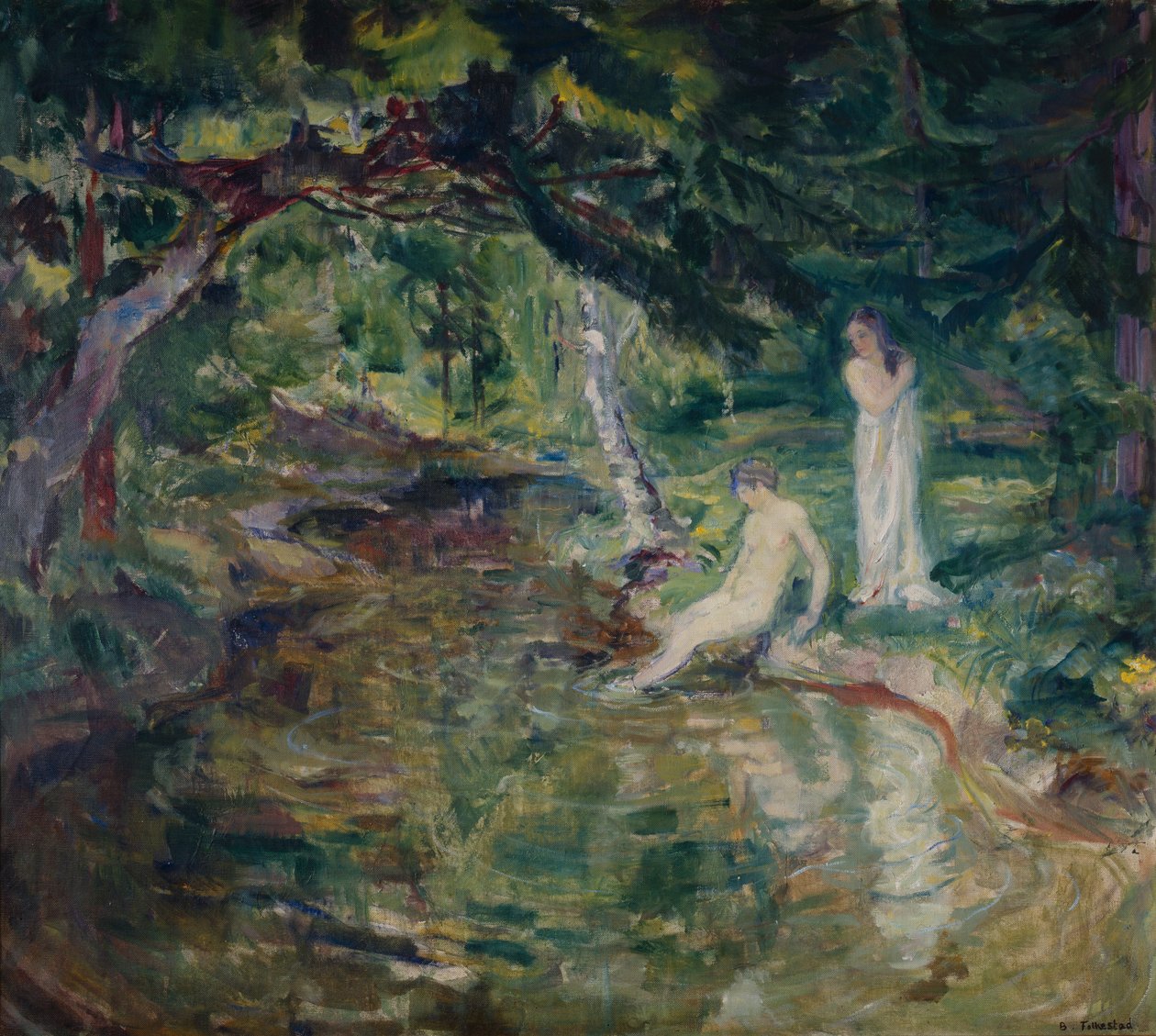 Par bader i skogen (olje på lerret) av Bernhard Dorotheus Folkestad