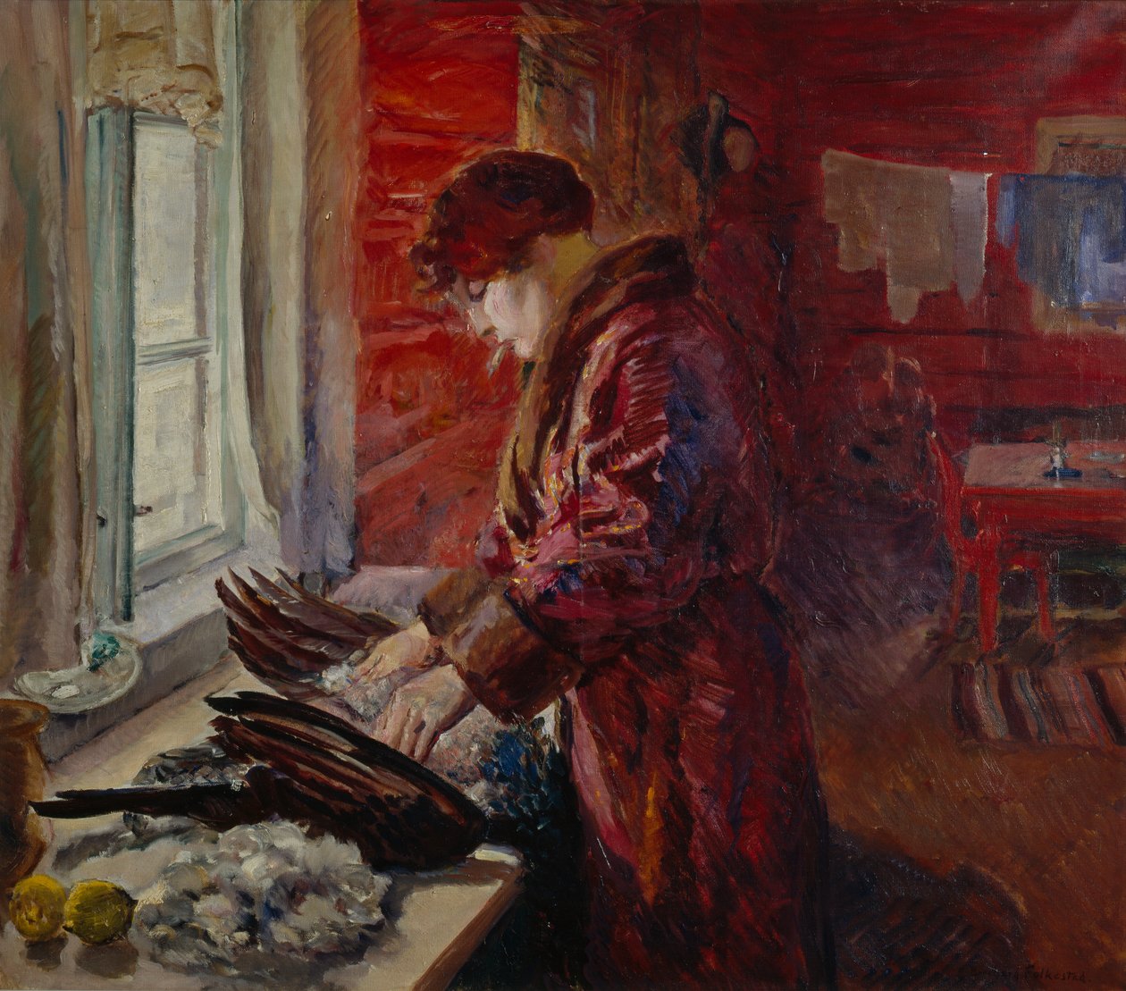 Plukker høna (olje på lerret) av Bernhard Dorotheus Folkestad
