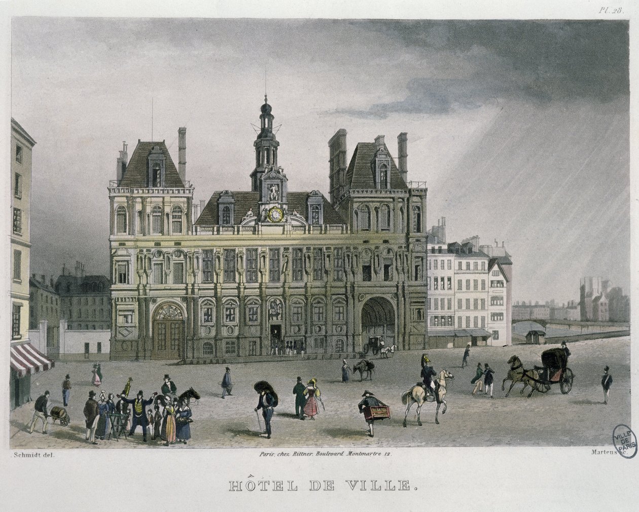 The Hotel de ville, Paris, 1832 (fargegravering) av Bernhard Schmidt