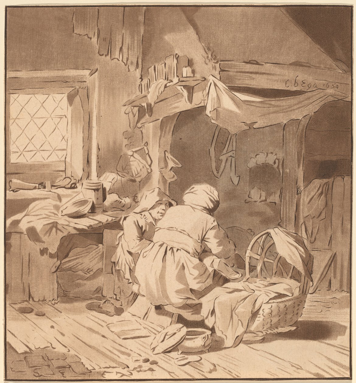 Interiør i et bondehus med to kvinner, 1772, utgitt 1787. av Bernhard Schreuder