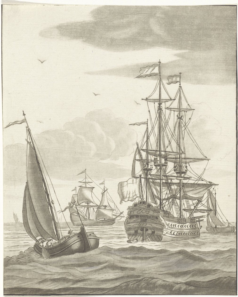 Krigsskip og tre seilskip på åpent hav av Bernhard Schreuder
