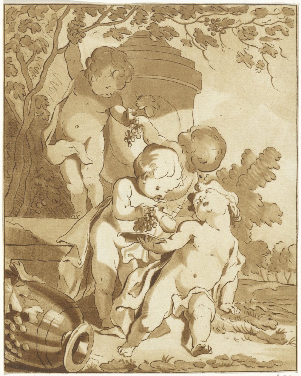 Fire putti som plukker druer ved en vase av Bernhard Schreuder