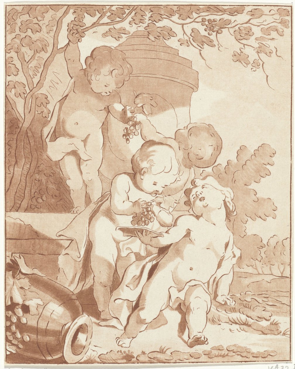 Fire putti som plukker druer ved en vase av Bernhard Schreuder