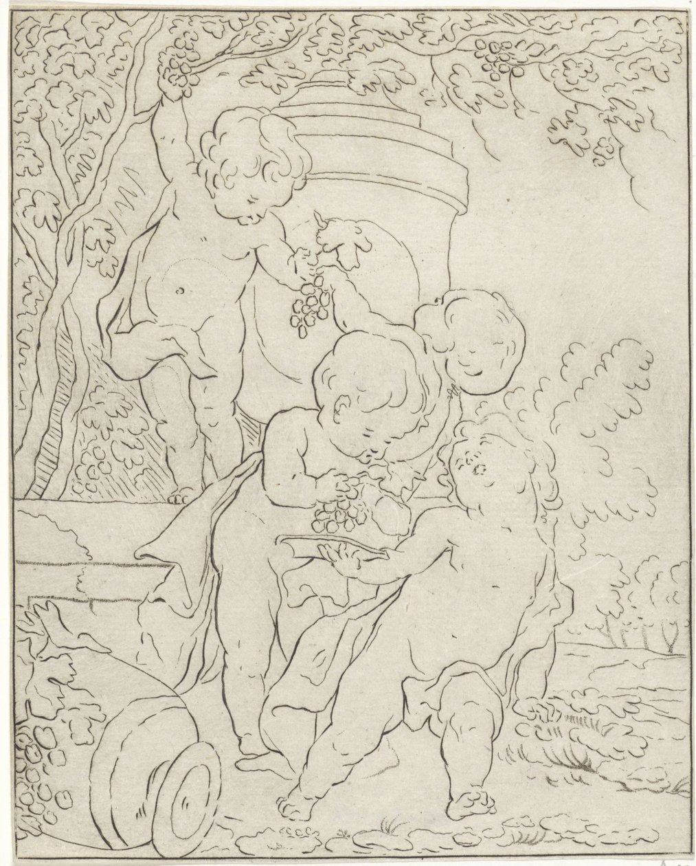 Fire putti som plukker druer ved en vase av Bernhard Schreuder