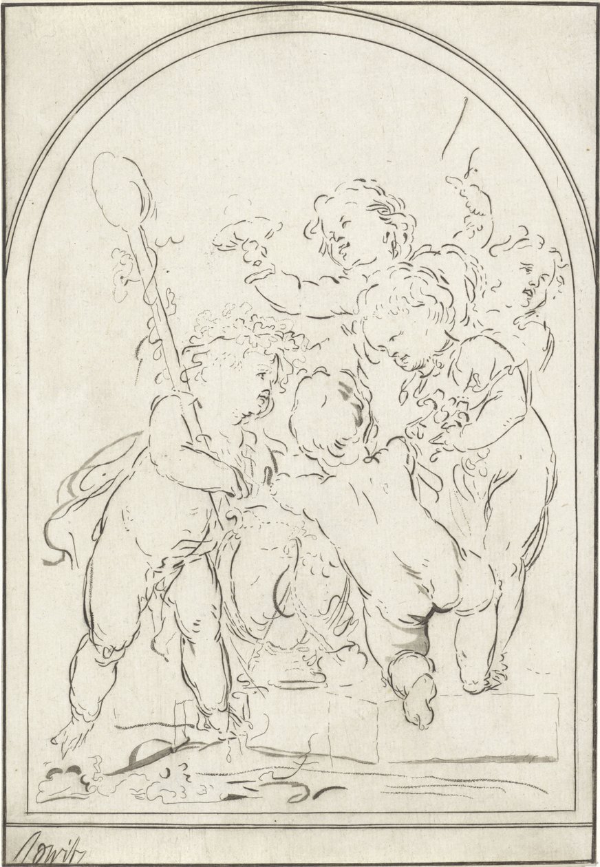 Fem putti ved en vase med vinstokker av Bernhard Schreuder