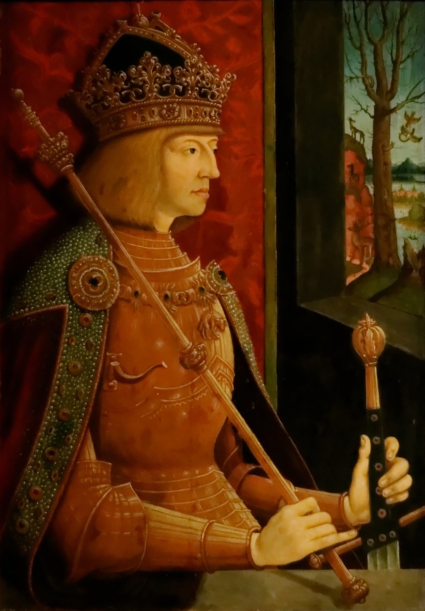 Keiser Maximilian I 1459-1519, med krone, septer og sverd, ca. 1500 av Bernhard Strigel