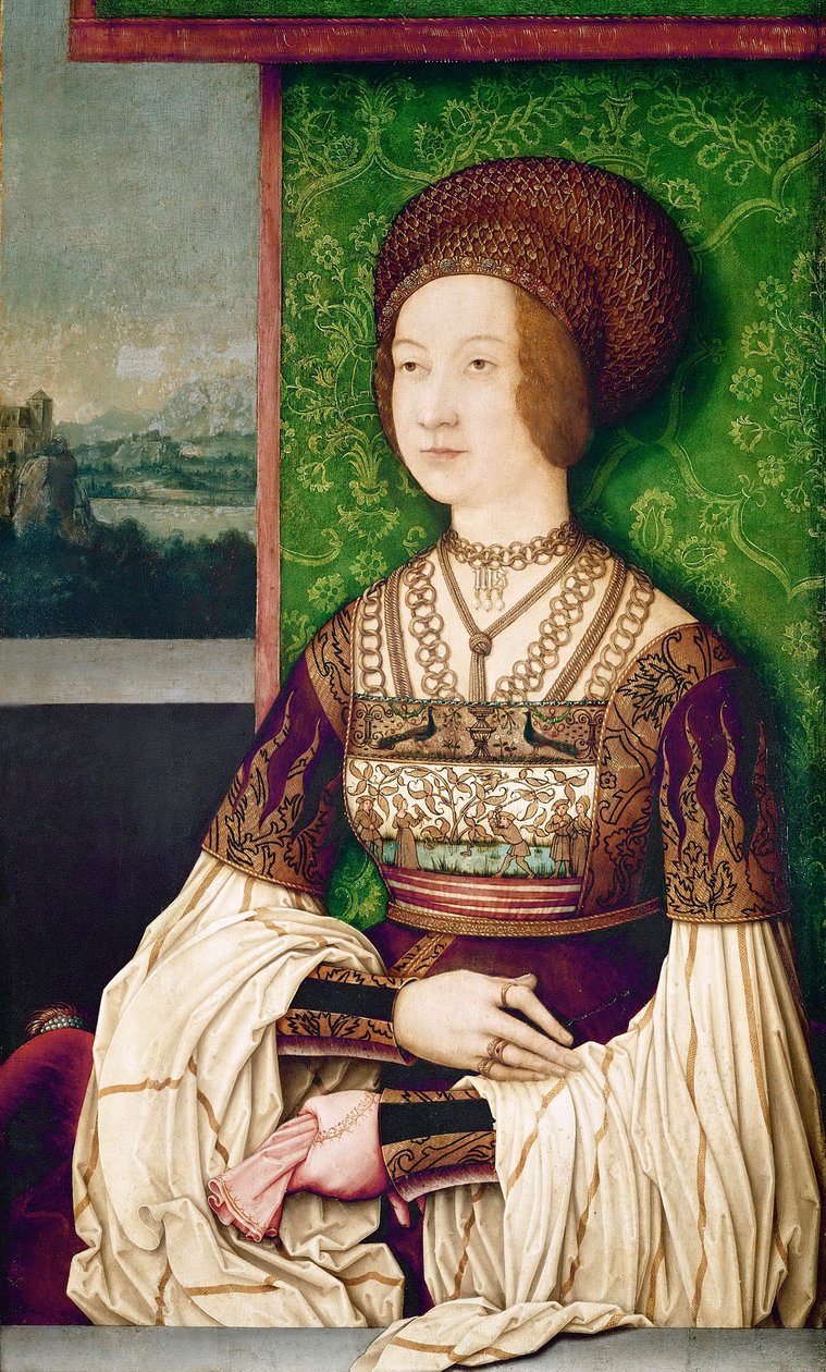 Familie av keiser Maximilian I: portrett av keiserinne Bianca Maria (Blanche-Marie) Sforza (1472-1510)"" - Portrett av Bianca Maria Sforza (1472-1510), den andre kona til Maximilian I, den hellige romerske keiseren av Strigel, Bernhard (ca 1460-1528) (elle av Bernhard Strigel