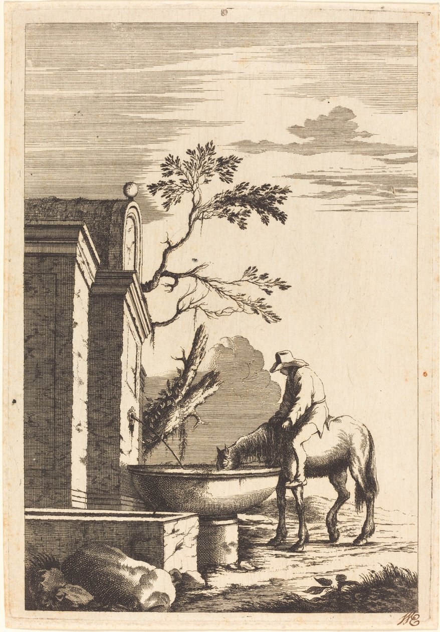Hest og rytter ved en fontene av Bernhard Zaech after Jonas Umbach