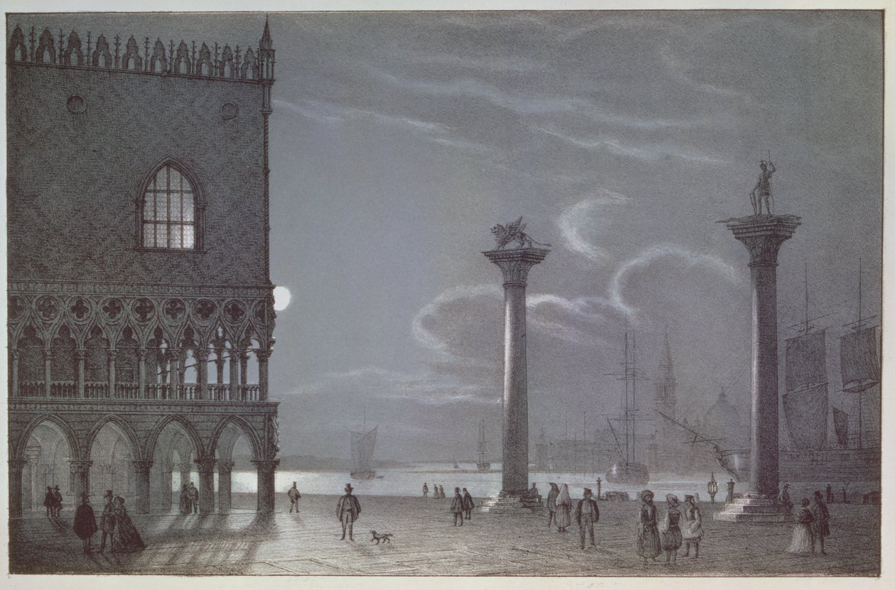 Nattscene av Palazzo Ducale og de to søylene, Venezia, gravert av Brizeghel av Berselli